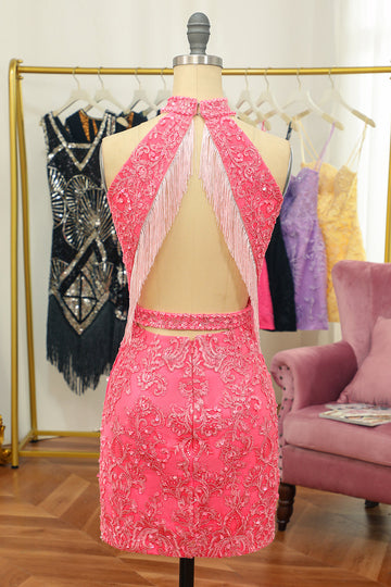 Pink Open Back Halter Lace Tight Short Formal Dress